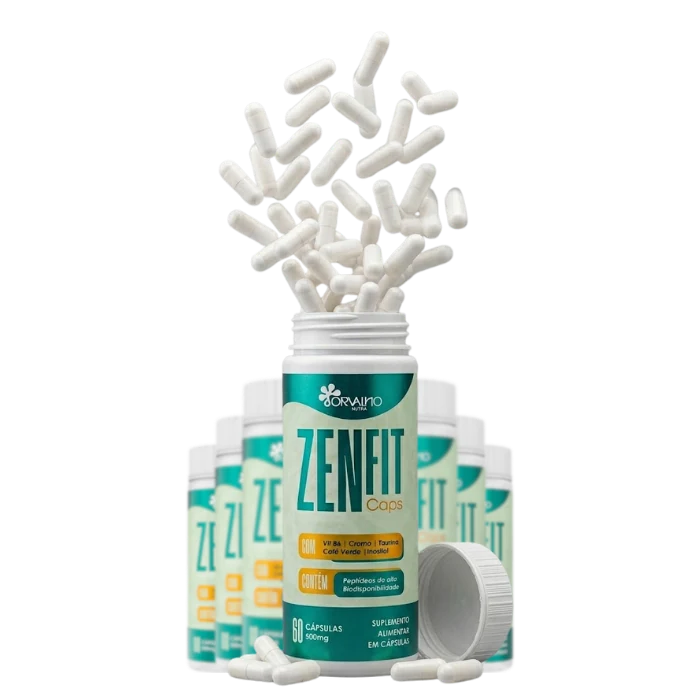 Frascos e cápsulas ZenFIT Caps com a marca Orvalho Nutra no material do vendedor